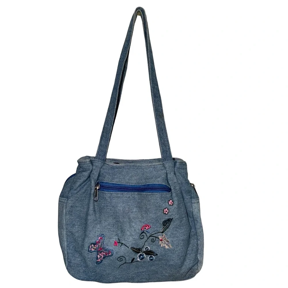 Y2K blue jean denim shoulder purse with butterfly & floral whimsy embroidery